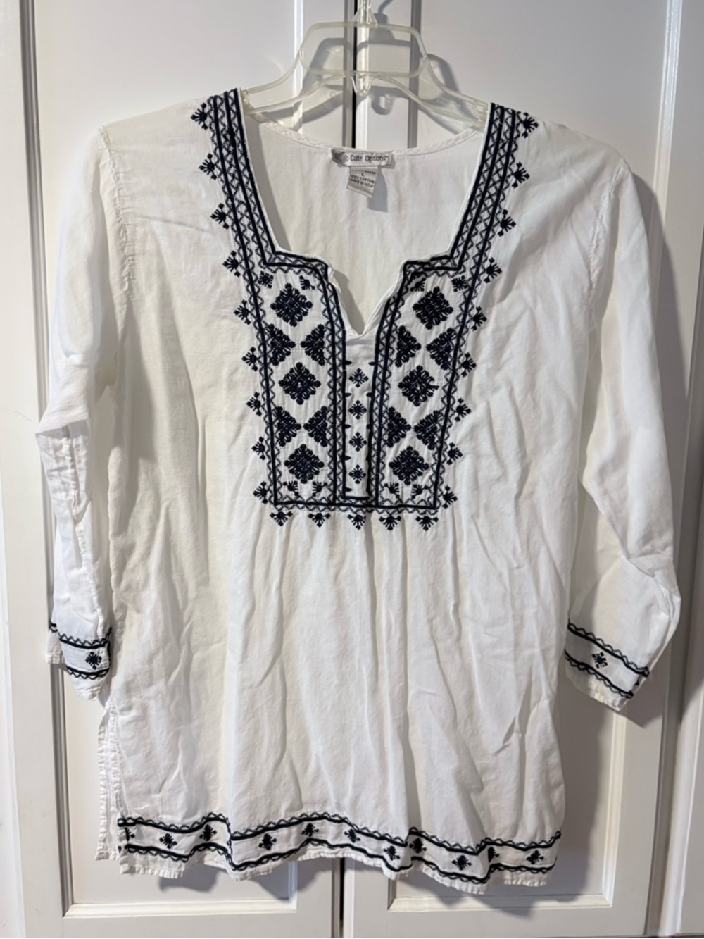 White Embroidered Tunic Top with Black Detail -